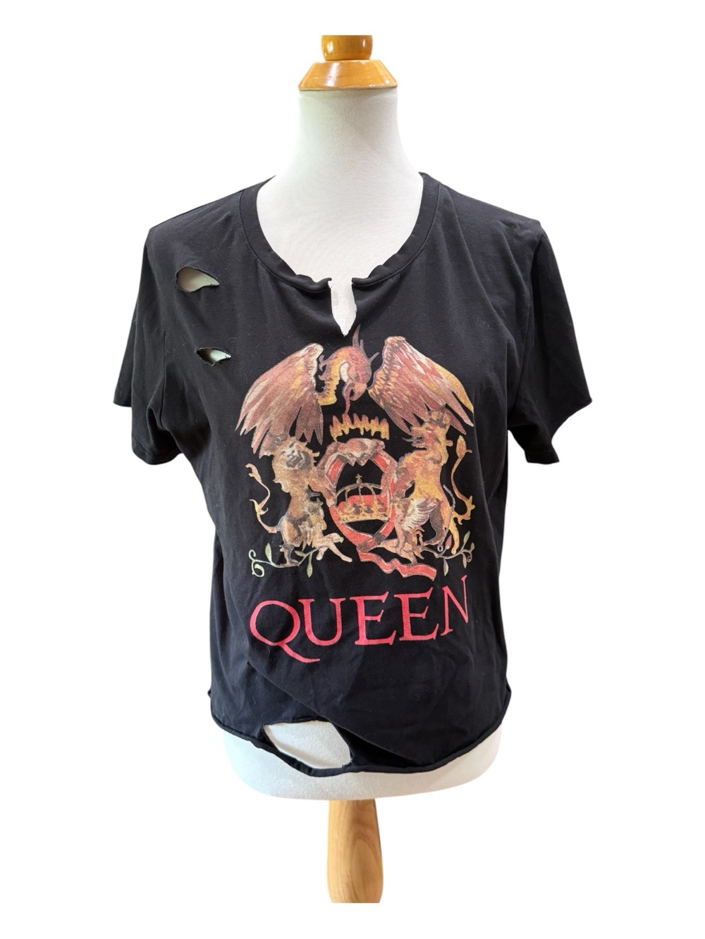 Queen Royal Crest Logo Women’s Black Ripped Grunge Band Tee Large - Picture 2 of 9